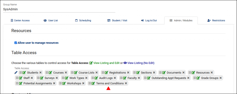 Screenshot: A permission group entry page with Terms and Conditions highlighted under Table Access.