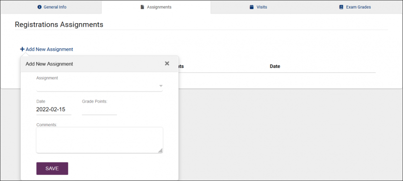Screenshot: Registration record, Assignments tab.